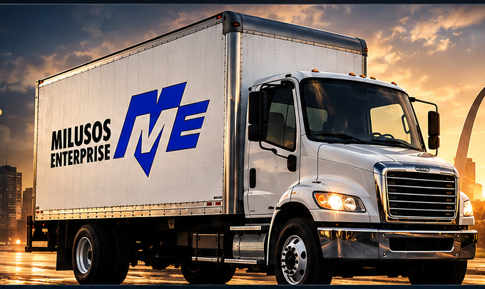 Milusos-branded box truck with the St. Louis Gateway Arch